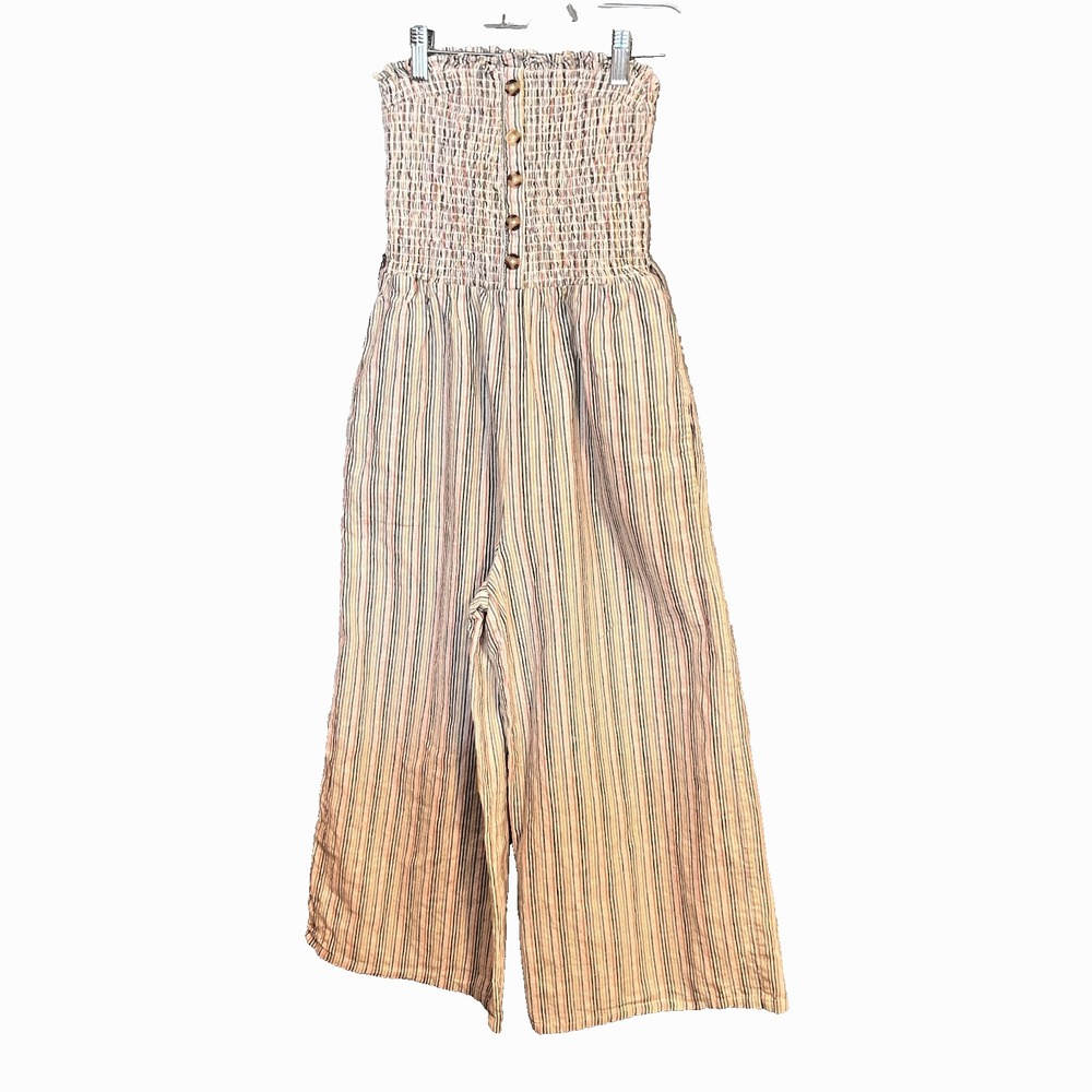 Olivaceous Strapless Smocked Stretch Top Striped Wide Leg Jumpsuit Size Small